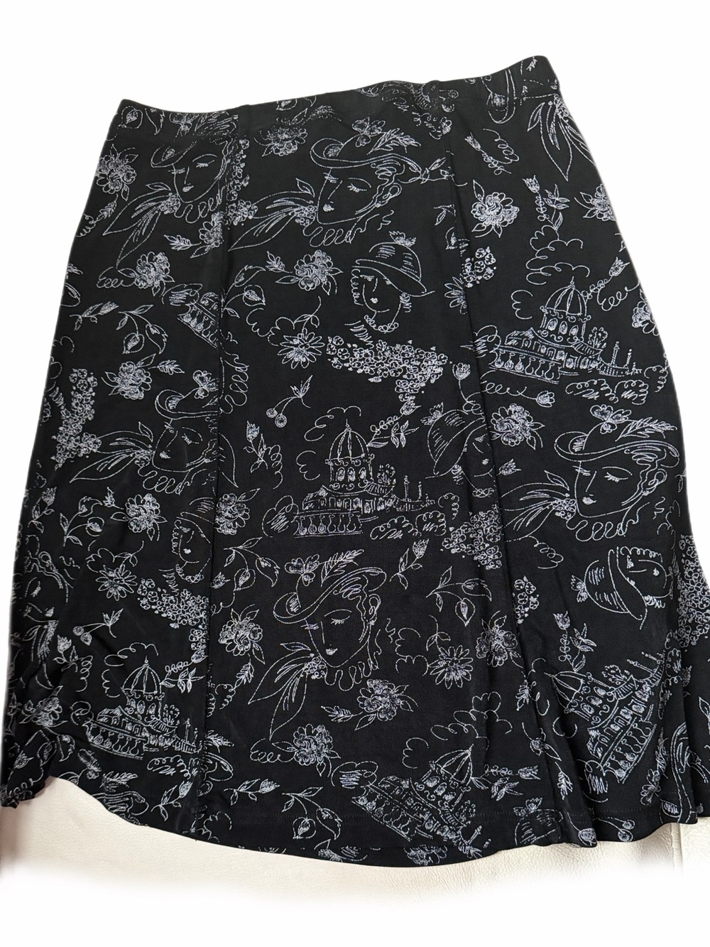 Unique Coldwater Creek Black A-Line Skirt with White Line Art